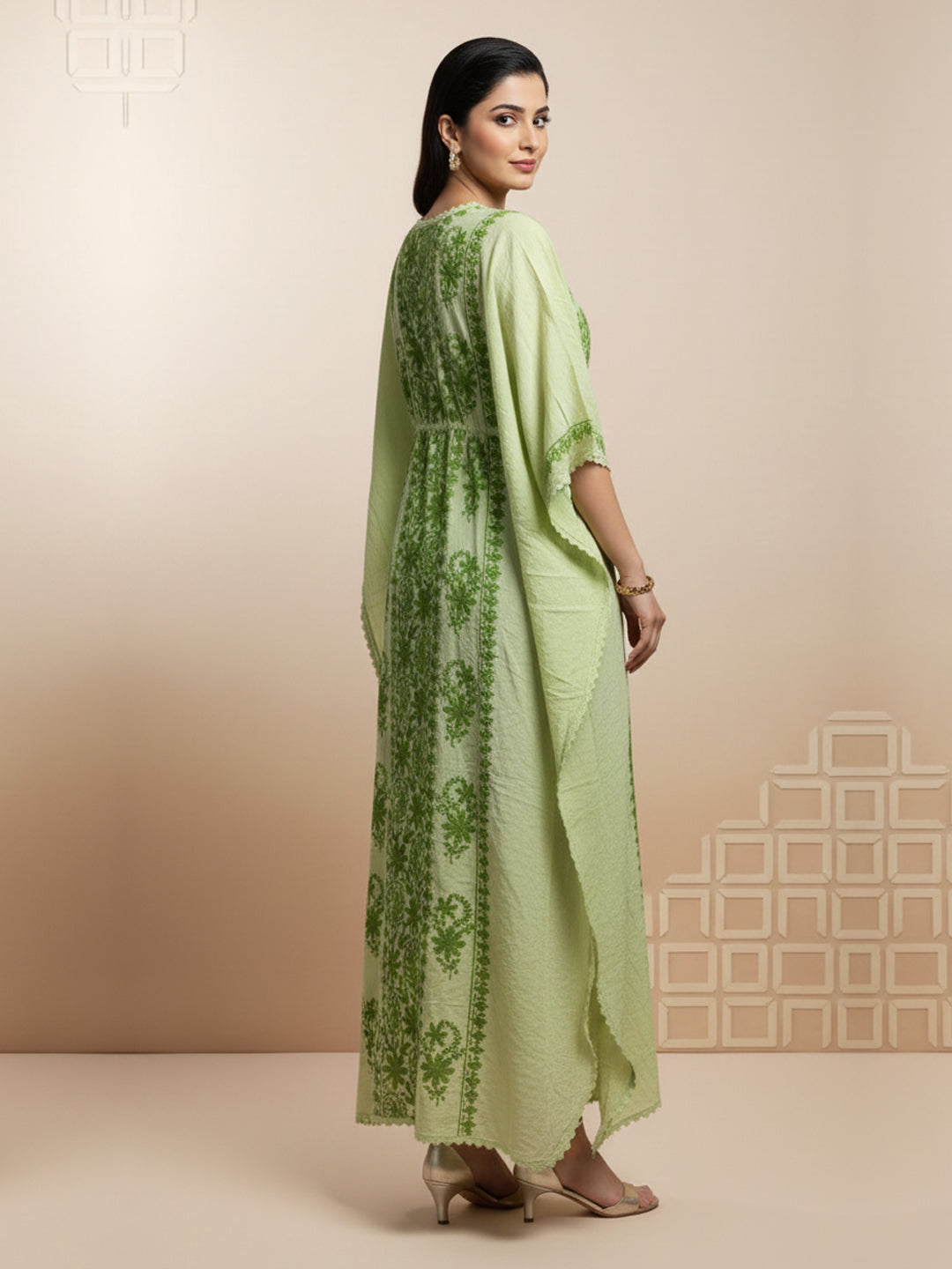 Hand Embroidered Chikankari Rayon Kaftan-AL3475 Parrotgreen