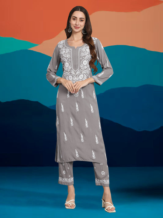 Women Hand Embroidered Chikankari Rayon Kurta set-AL3451KS Grey