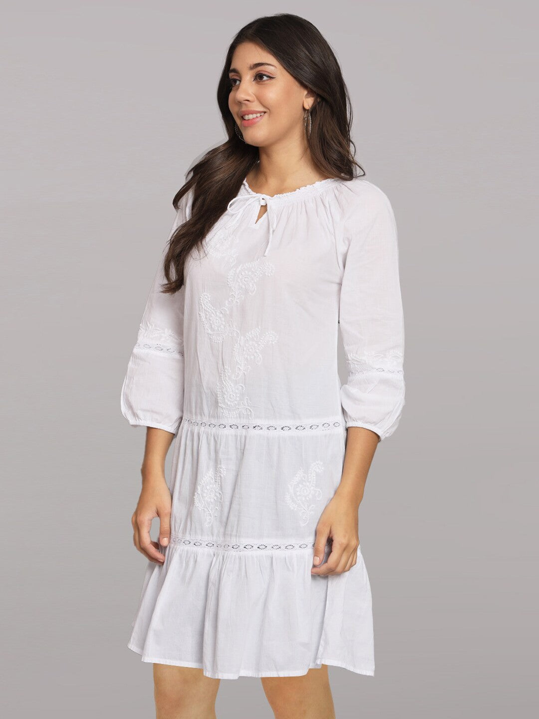 Hand Embroidered Chikankari A-Line Cotto Dress With Elasticated Neckline & Sleeve-AL14362