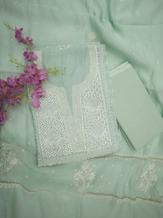 Women Hand Embroidered Premium Chikankari Mul Chanderi Unstitched Kurta Dupatta Bottom Set-ALSCA85201FS Sea Green