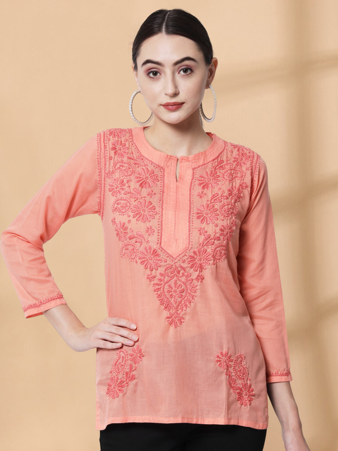 Hand Embroidered Chikankari Cotton Straight Kurti-AL3405 Peach