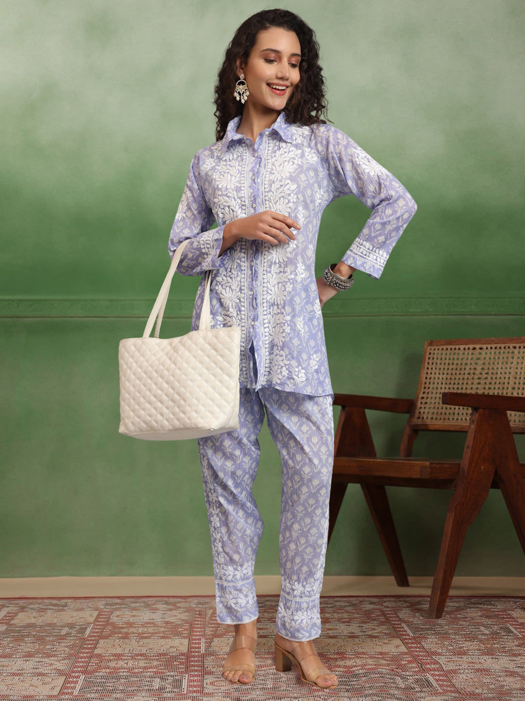 Women Chikankari Printed Mulmul Co-Ord Set for Women-AL4054 Mauve