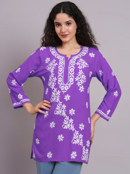 Women Hand Embroidered Chikankari Rayon Short Kurti-AL4071 Mauve