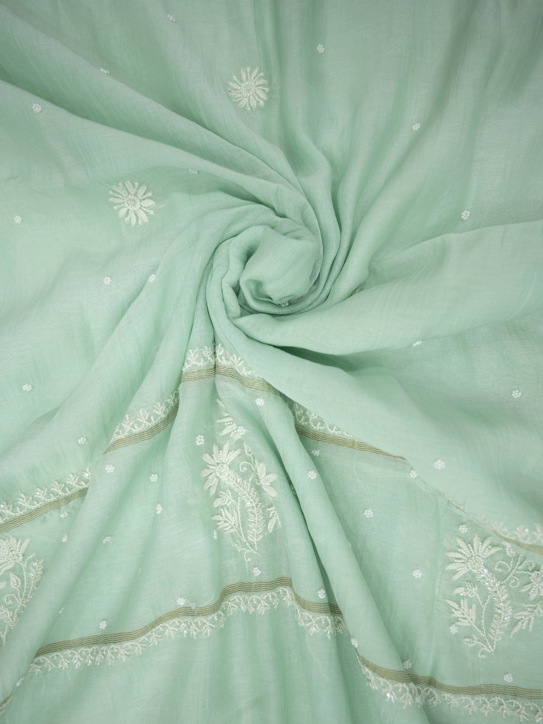 Women Hand Embroidered Premium Chikankari Mul Chanderi Unstitched Kurta Dupatta Bottom Set-ALSCA85201FS Sea Green