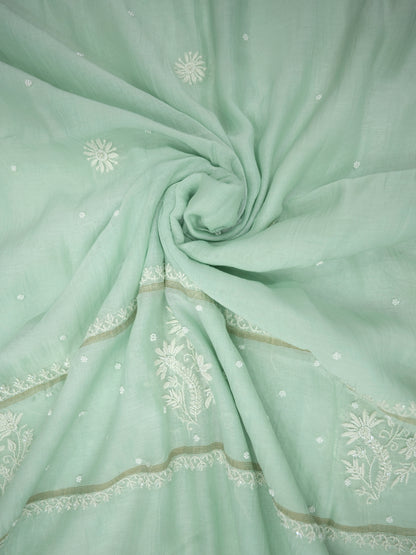 Women Hand Embroidered Premium Chikankari Mul Chanderi Unstitched Kurta Dupatta Bottom Set-ALSCA85201FS Sea Green
