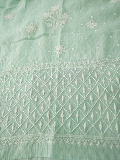 Women Hand Embroidered Premium Chikankari Mul Chanderi Unstitched Kurta Dupatta Bottom Set-ALSCA85201FS Sea Green