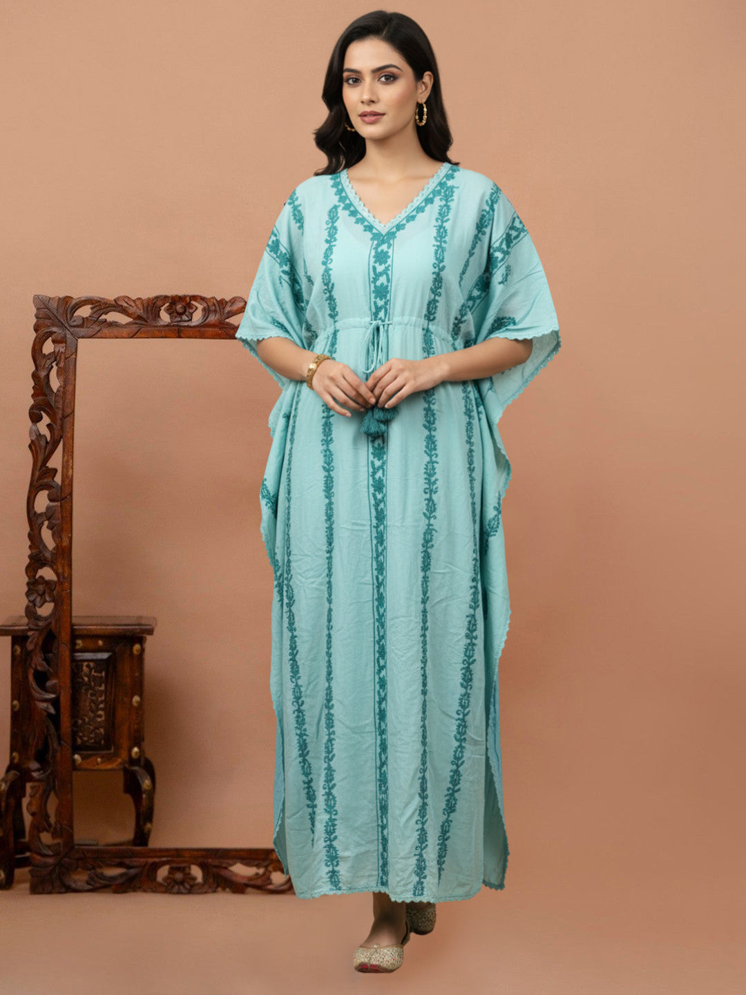 Hand Embroidered Chikankari Rayon Kaftan-AL3474 Ramagreen