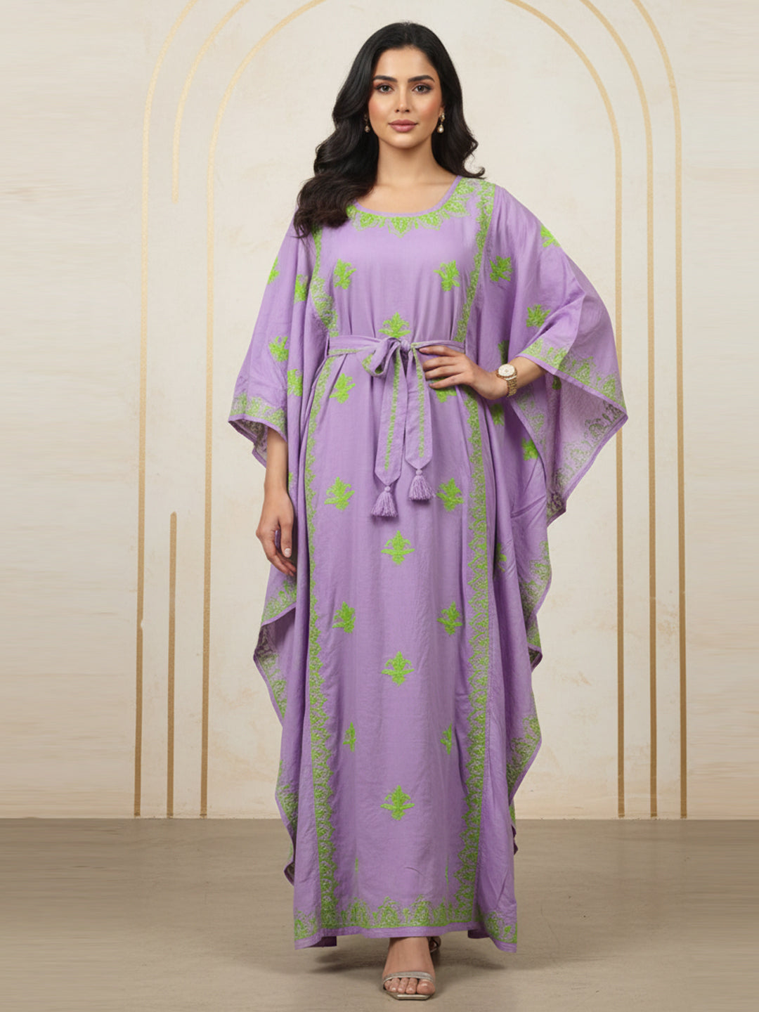 Hand Embroidered Chikankari Modal Kaftan-AL3604A Mauveandgreen