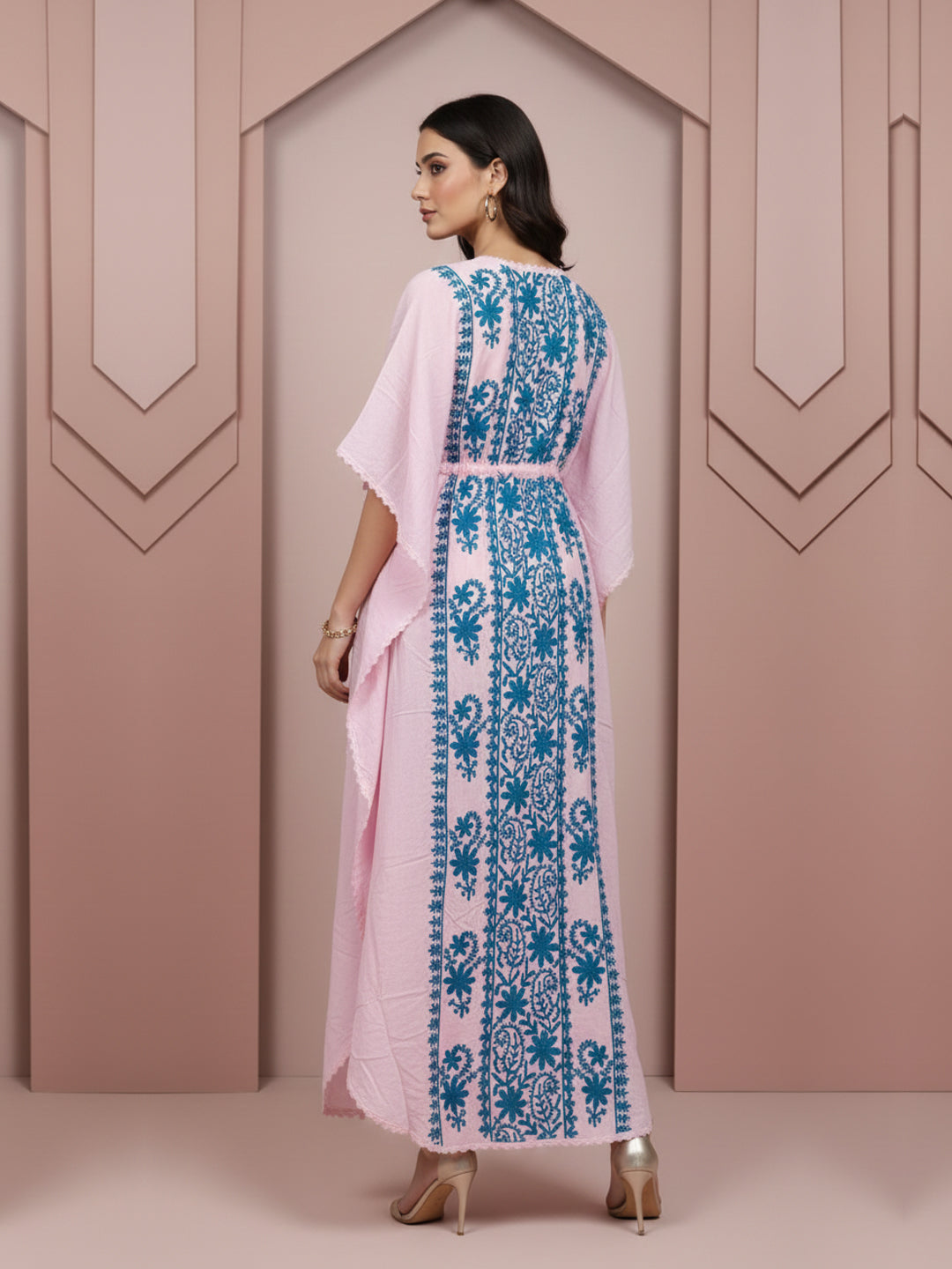 Hand Embroidered Chikankari Rayon Kaftan-AL3475 Turquoise