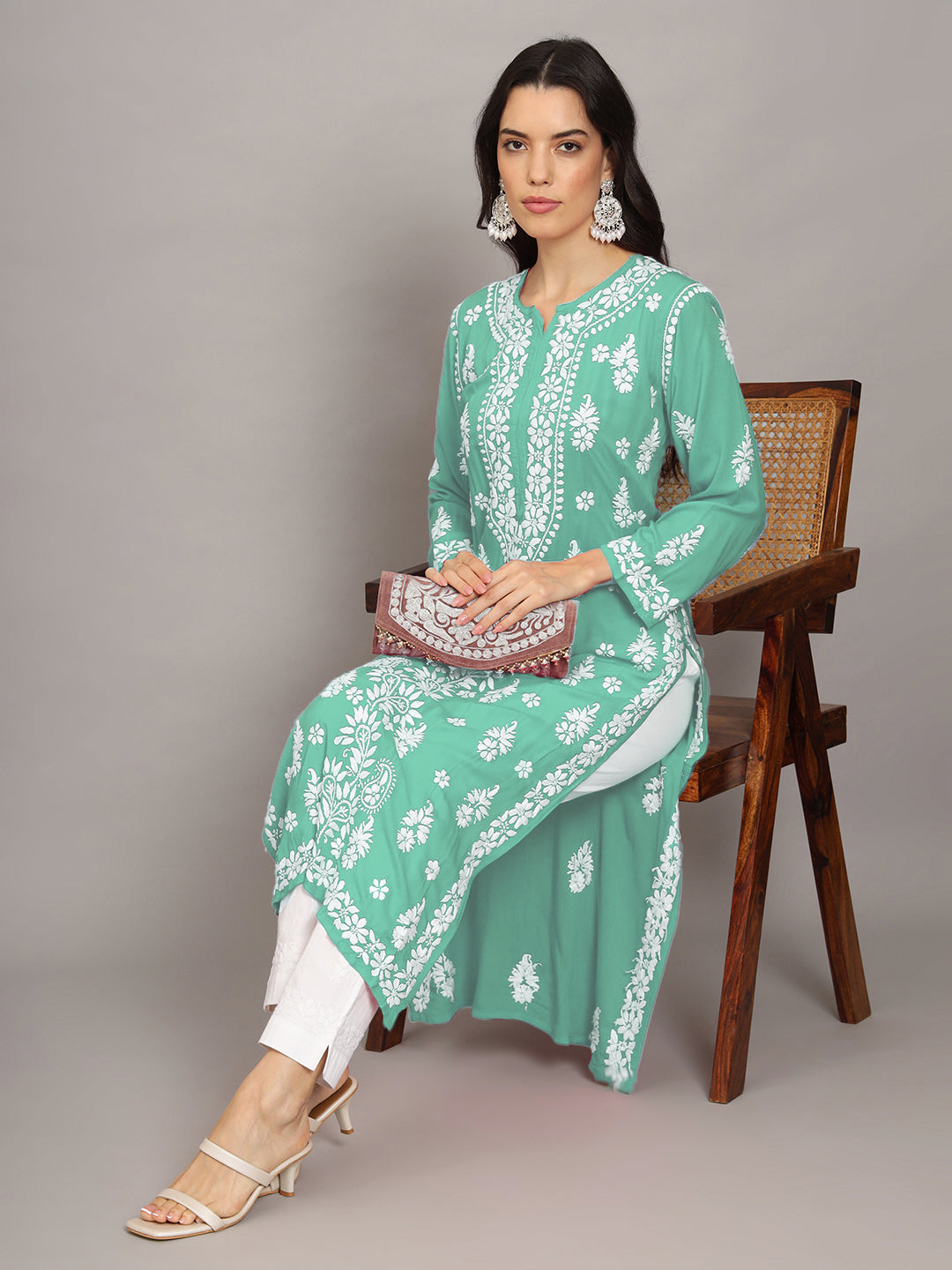 Women Hand Embroidered Chikankari Modal Kurta-AL4042 Sea Green
