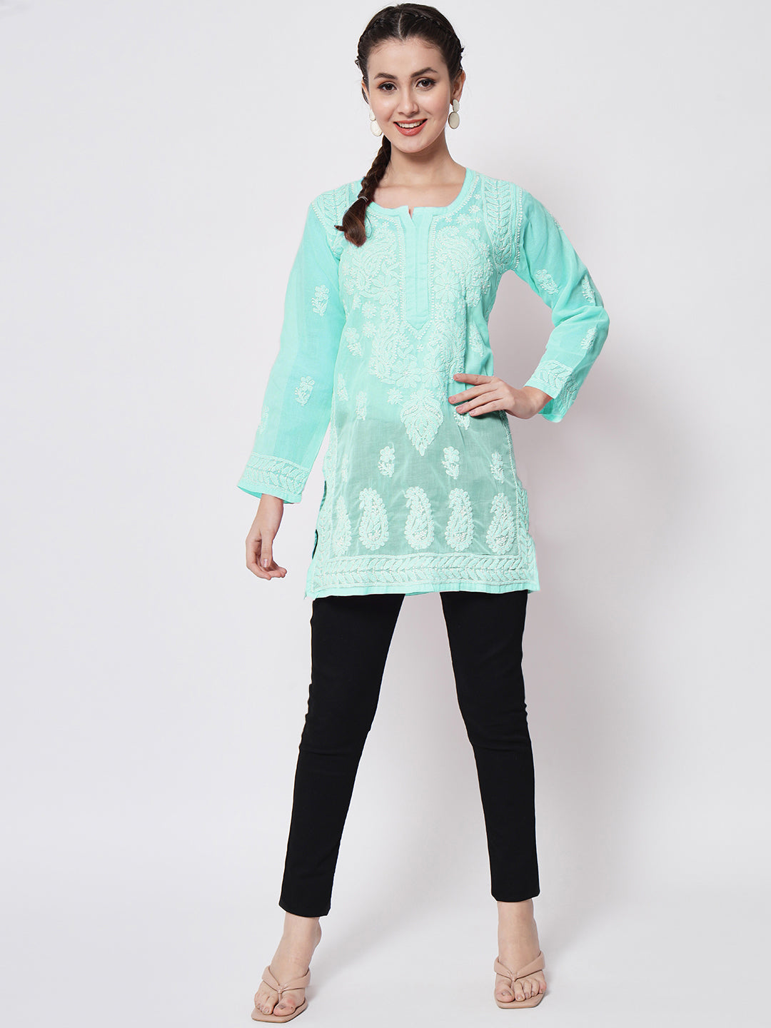 Hand Embroidered Chikankari Cotton Straight Kurti-AL3595 Darkseagreen