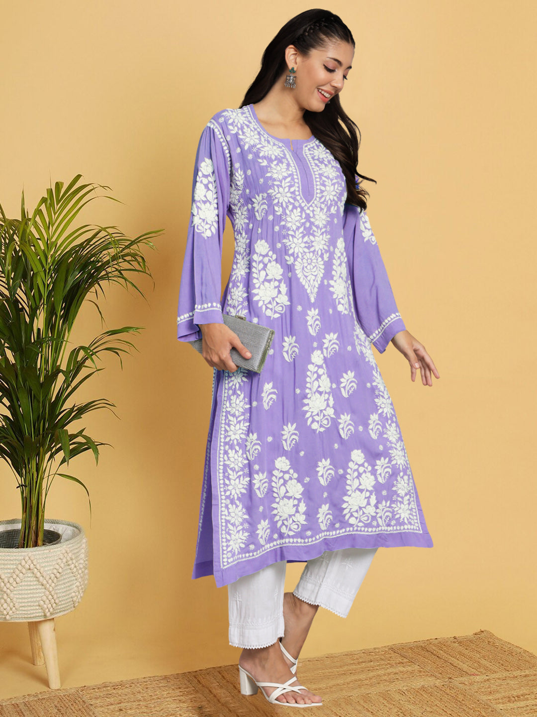 Hand Embroidered Chikankari Modal Straight Kurta-AL3682 Mauve