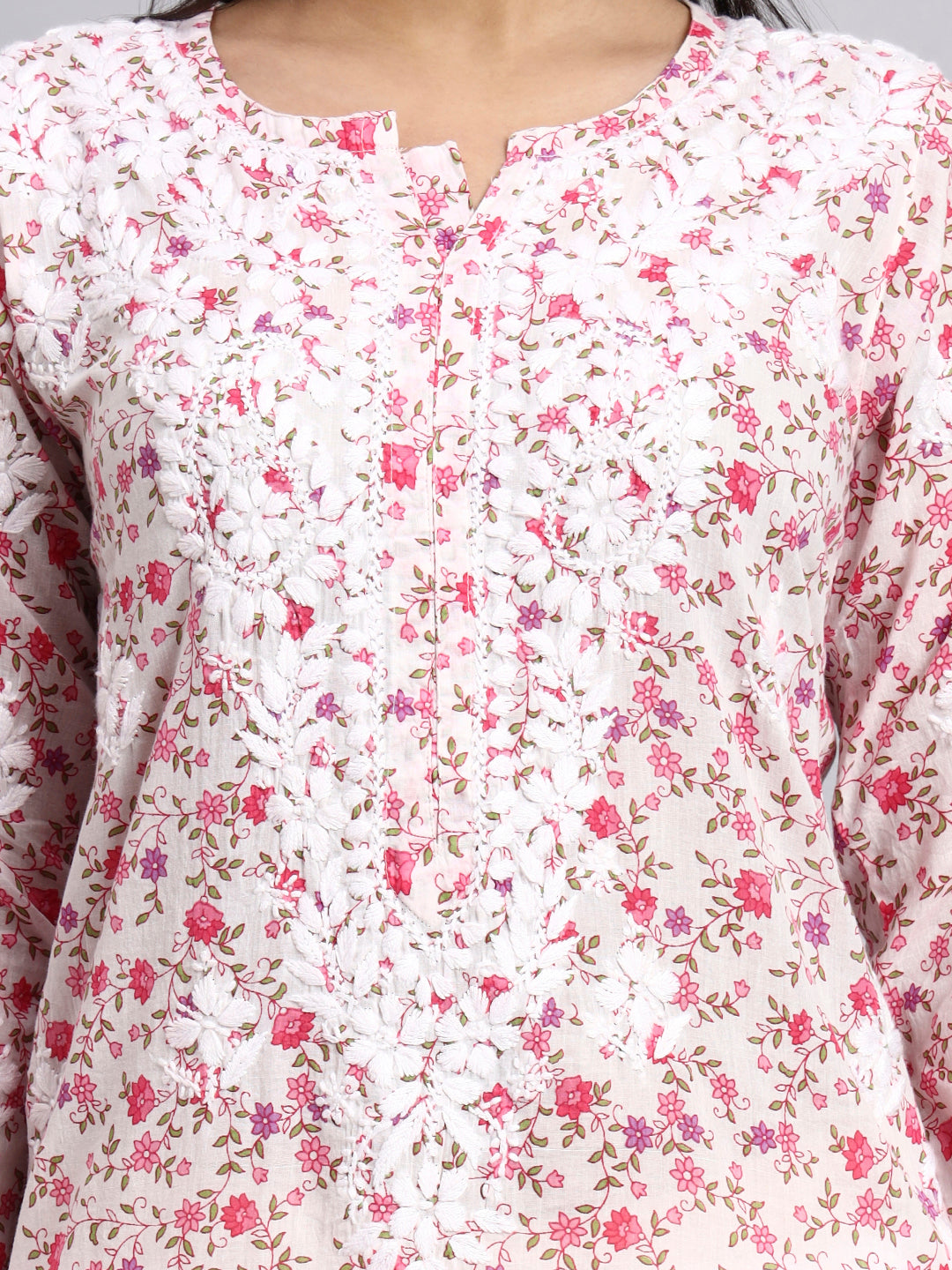 Hand Embroidered Chikankari Cotton Kurta-AL4105 Pink