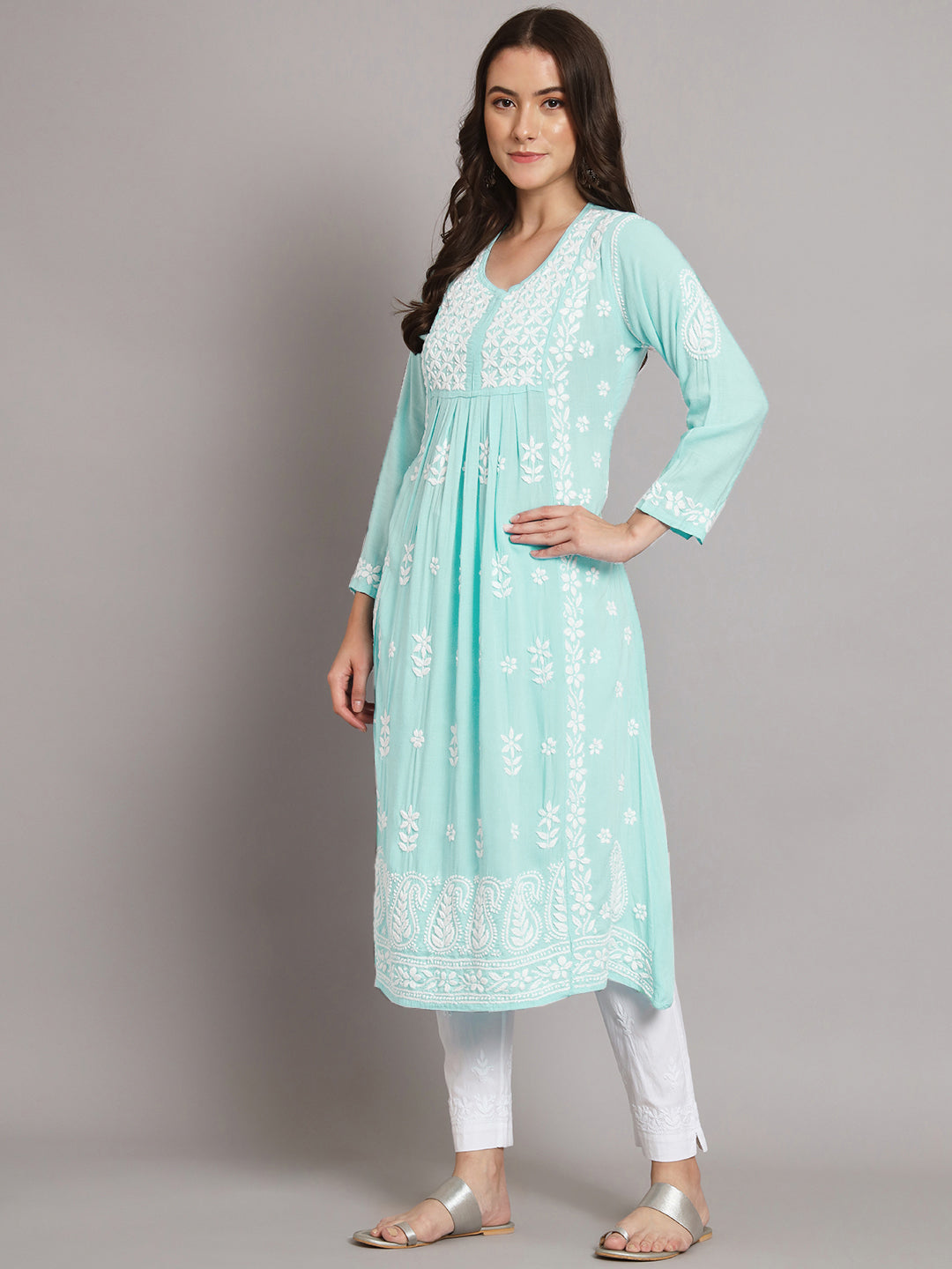 Women Hand Embroidered Chikankari Rayon Kurta-AL3549 Seagreen