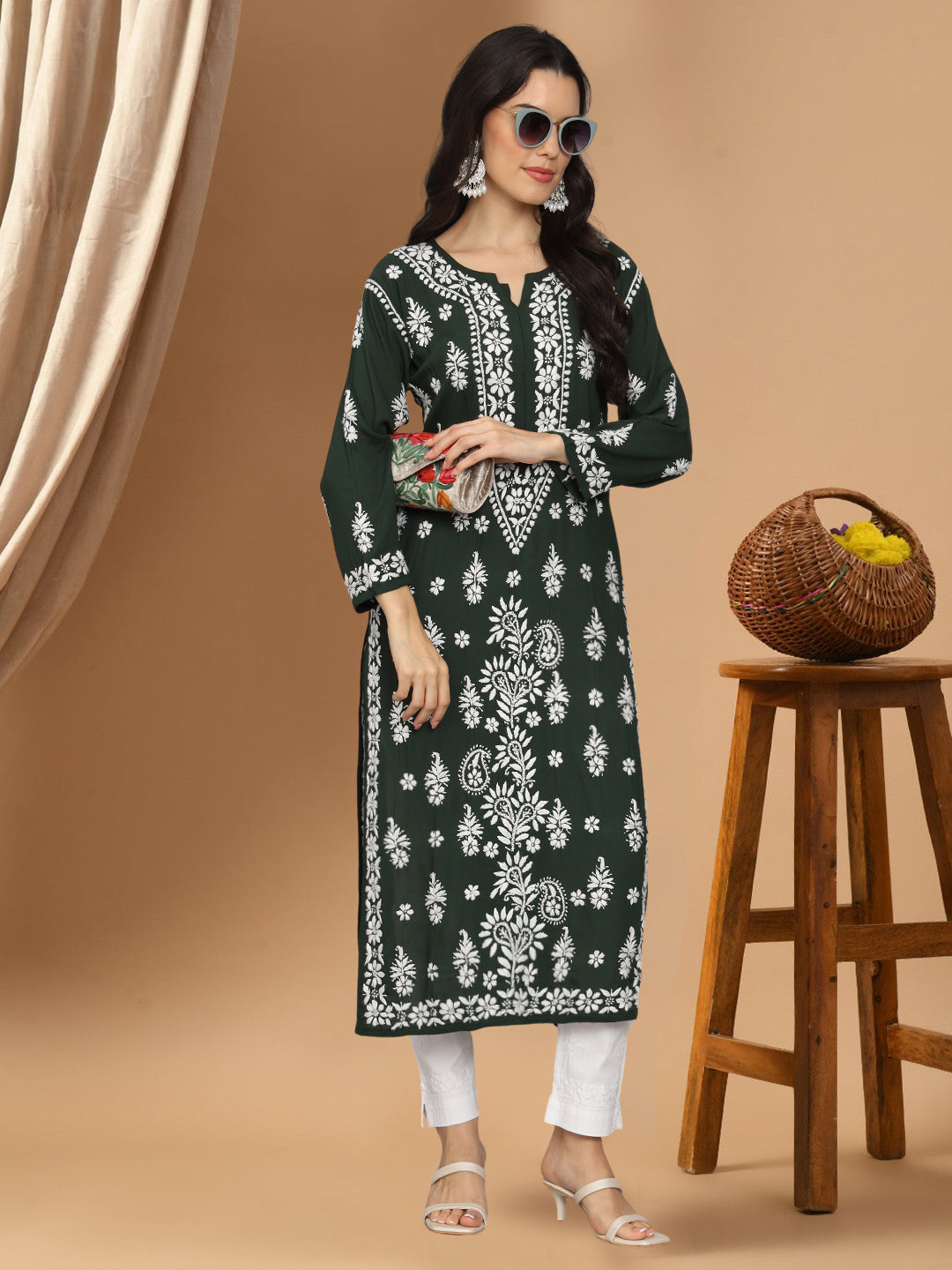 Women Chikankari Hand Embroidered Modal Kurta -AL4042 Darkgreen