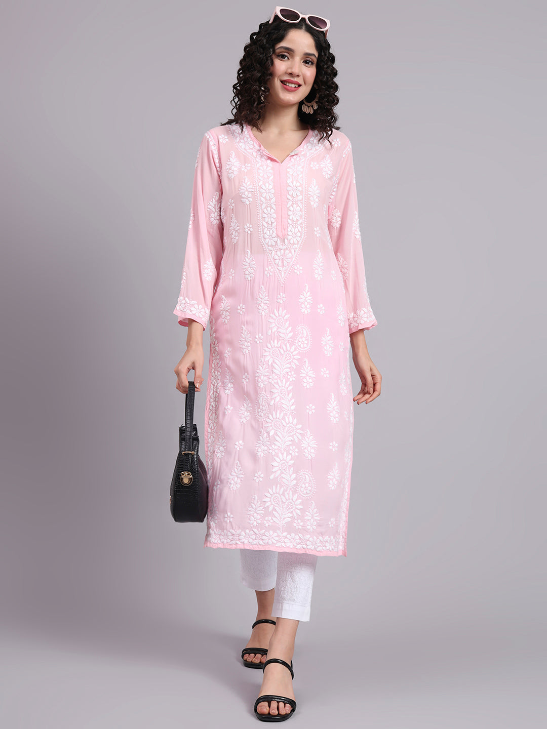 Women Hand Embroidered Chikankari Modal Kurta-AL4042 Pink
