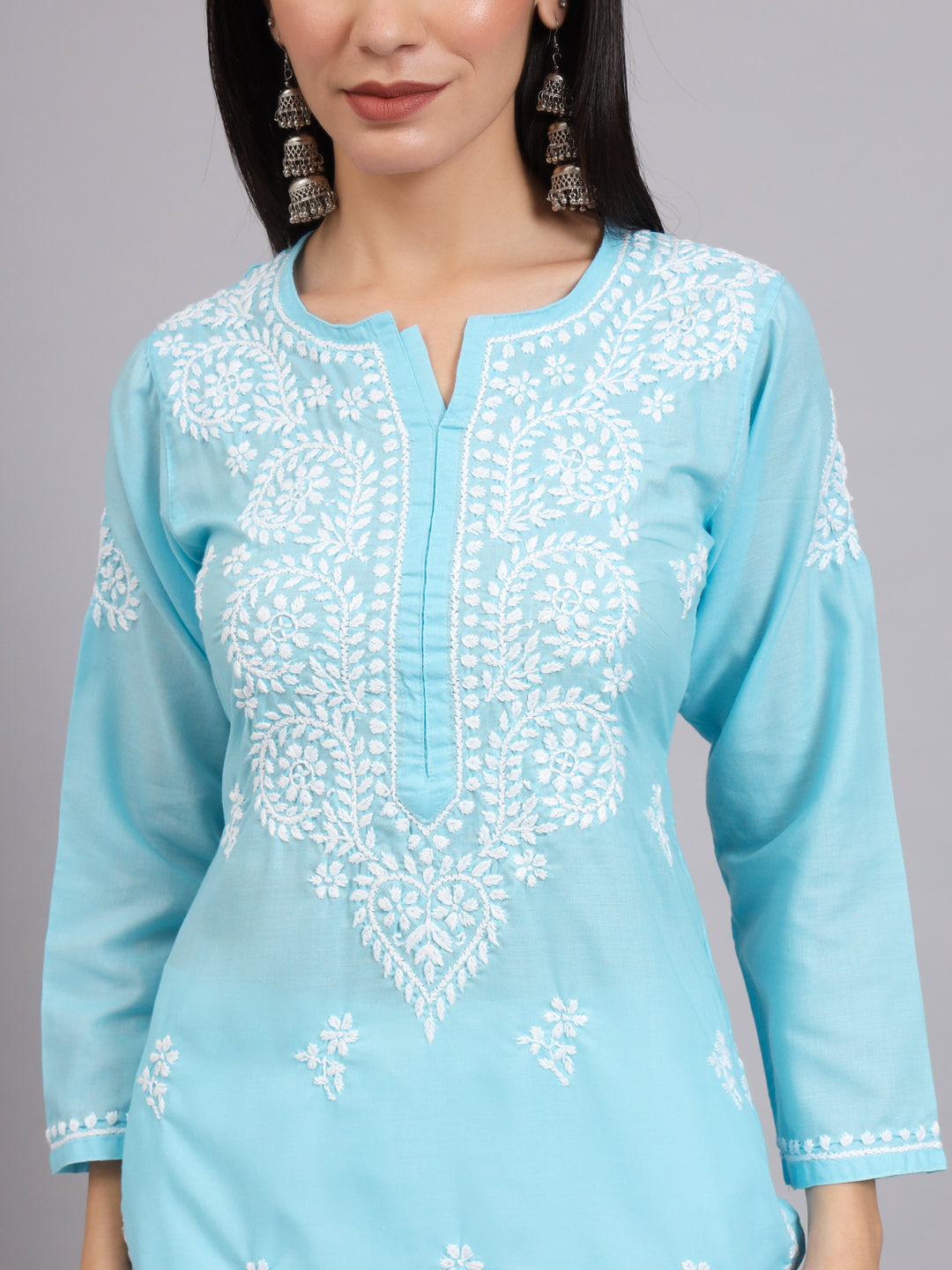 Hand Embroidered Chikankari Cotton Straight Kurta-AL3997 Sky Blue