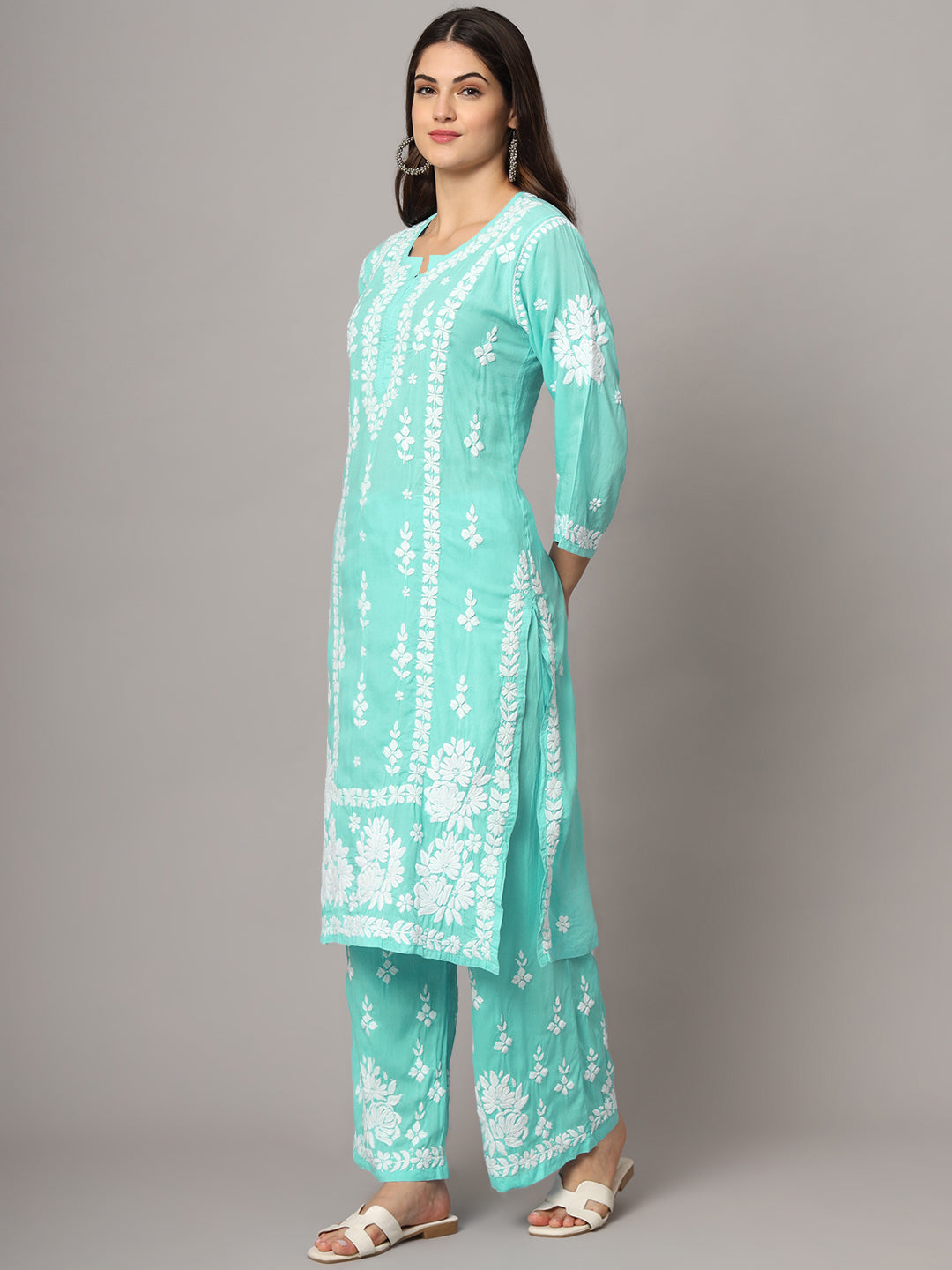 Women Hand Embroidered Chikankari Modal Kurta set-AL4049KS Seagreen