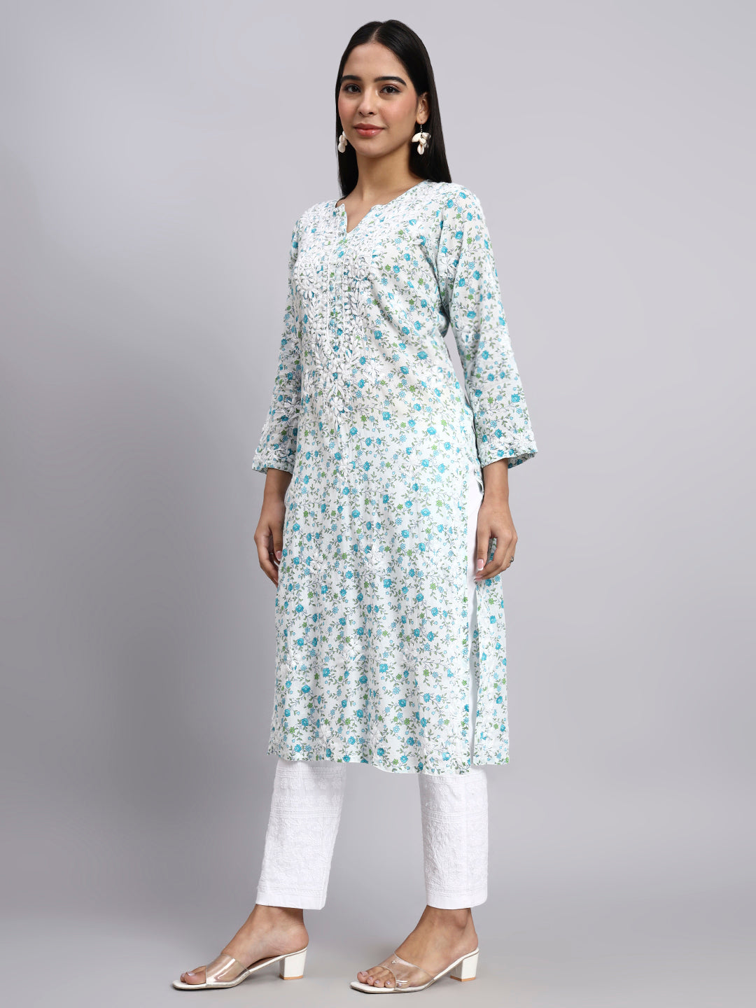 Hand Embroidered Chikankari Cotton Kurta-AL4105 Blue