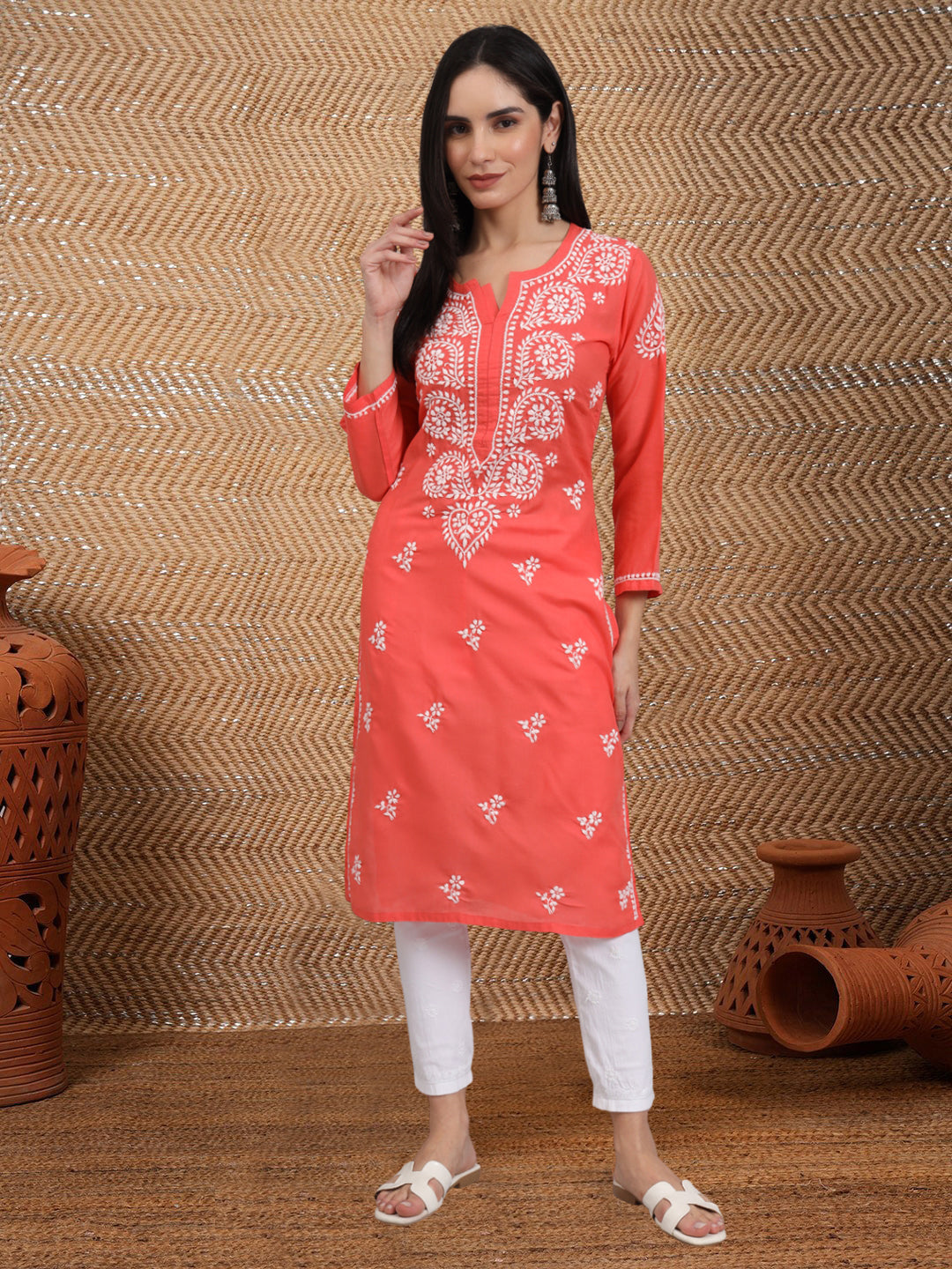 Hand Embroidered Chikankari Cotton Straight Kurta-AL3997 Coral