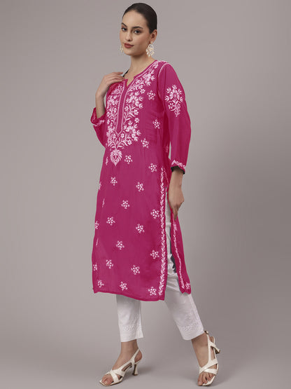 Women Hand Embroidered Chikankari Modal Kurta-AL4059 Magenta