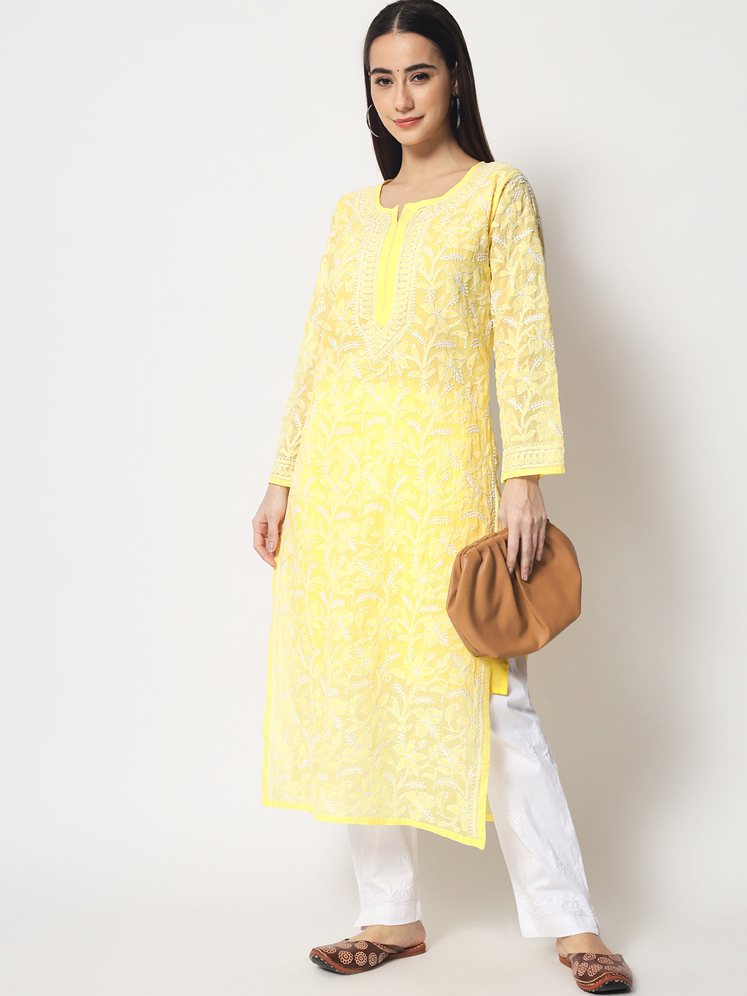 Women Hand Embroidered Chikankari Cotton Straight Kurta- AL3592 Mustard