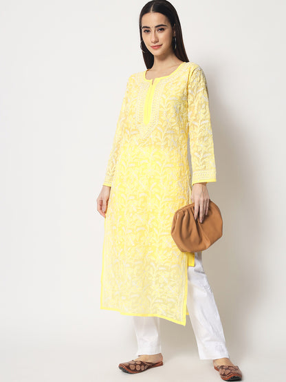 Women Hand Embroidered Chikankari Cotton Straight Kurta- AL3592 Mustard
