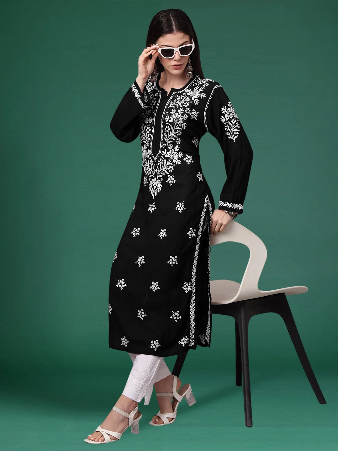 Women Hand Embroidered Modal Chikankari Kurta-AL4059 Black