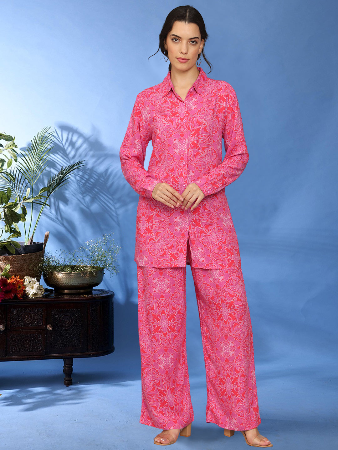 Printed Rayon Co-Ord Set for Women-AL4001 Pink