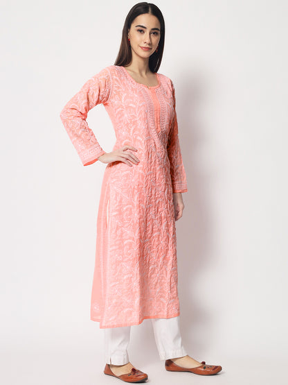 Women Hand Embroidered Chikankari Cotton Straight Kurta- AL3592 Darkpeach
