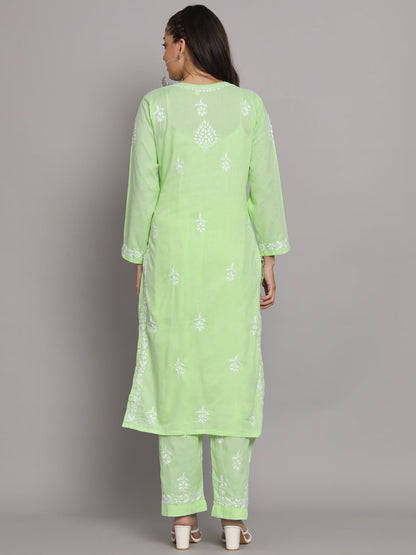 Women Hand Embroidered Chikankari Cotton Kurta Set-AL3674KS Green