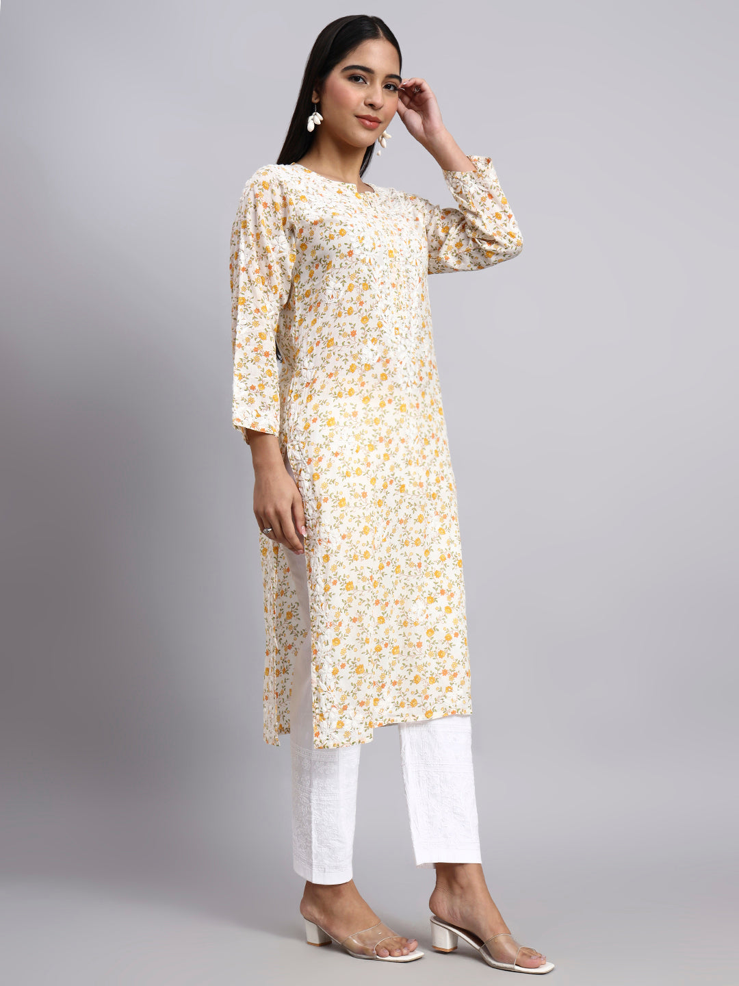 Hand Embroidered Chikankari Cotton Kurta-AL4105 Yellow