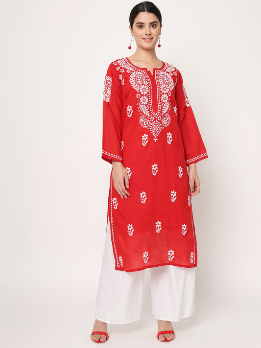 Hand Embroidered Red Chikankari Cotton Straight Kurta- AL3561