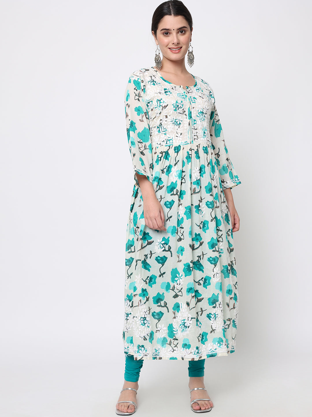 Women Hand Embroidered Chikankari Cotton Kurta-AL3580 Green