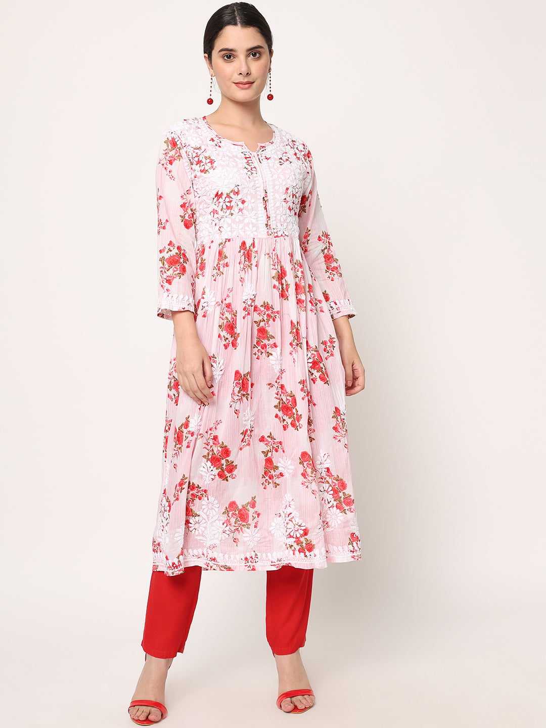 Women Hand Embroidered Chikankari Cotton Kurta-AL3583 Babypink