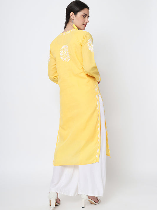 Hand Embroidered  Chikankari Cotton Straight Kurta- AL3561 Yellow