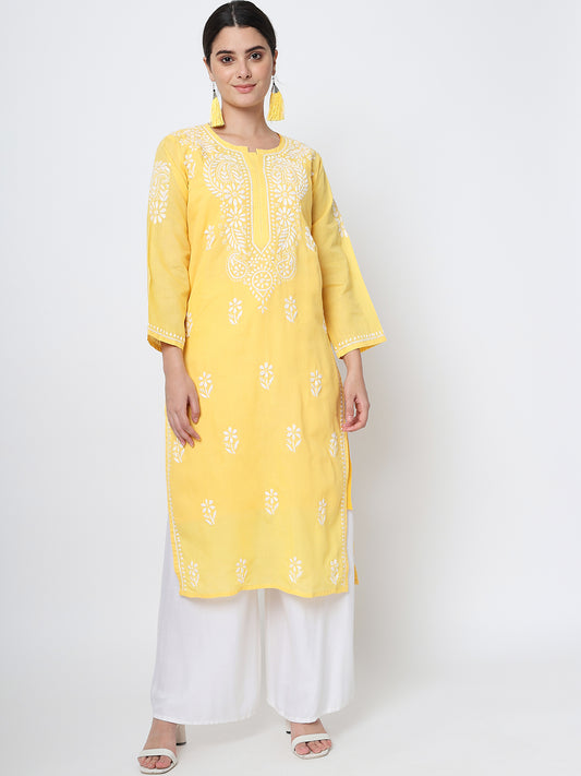 Hand Embroidered  Chikankari Cotton Straight Kurta- AL3561 Yellow