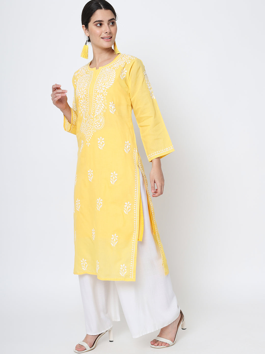 Hand Embroidered  Chikankari Cotton Straight Kurta- AL3561 Yellow
