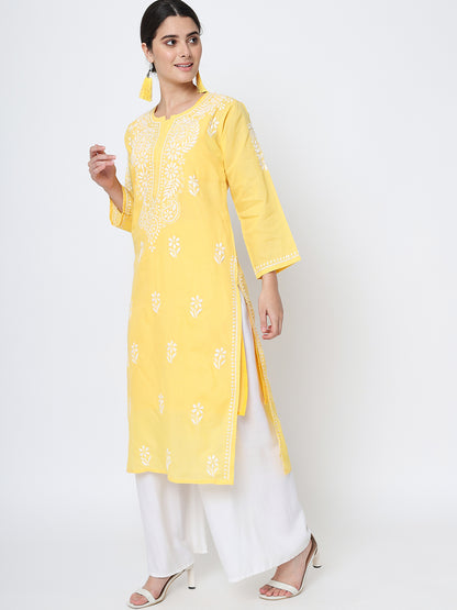 Hand Embroidered  Chikankari Cotton Straight Kurta- AL3561 Yellow