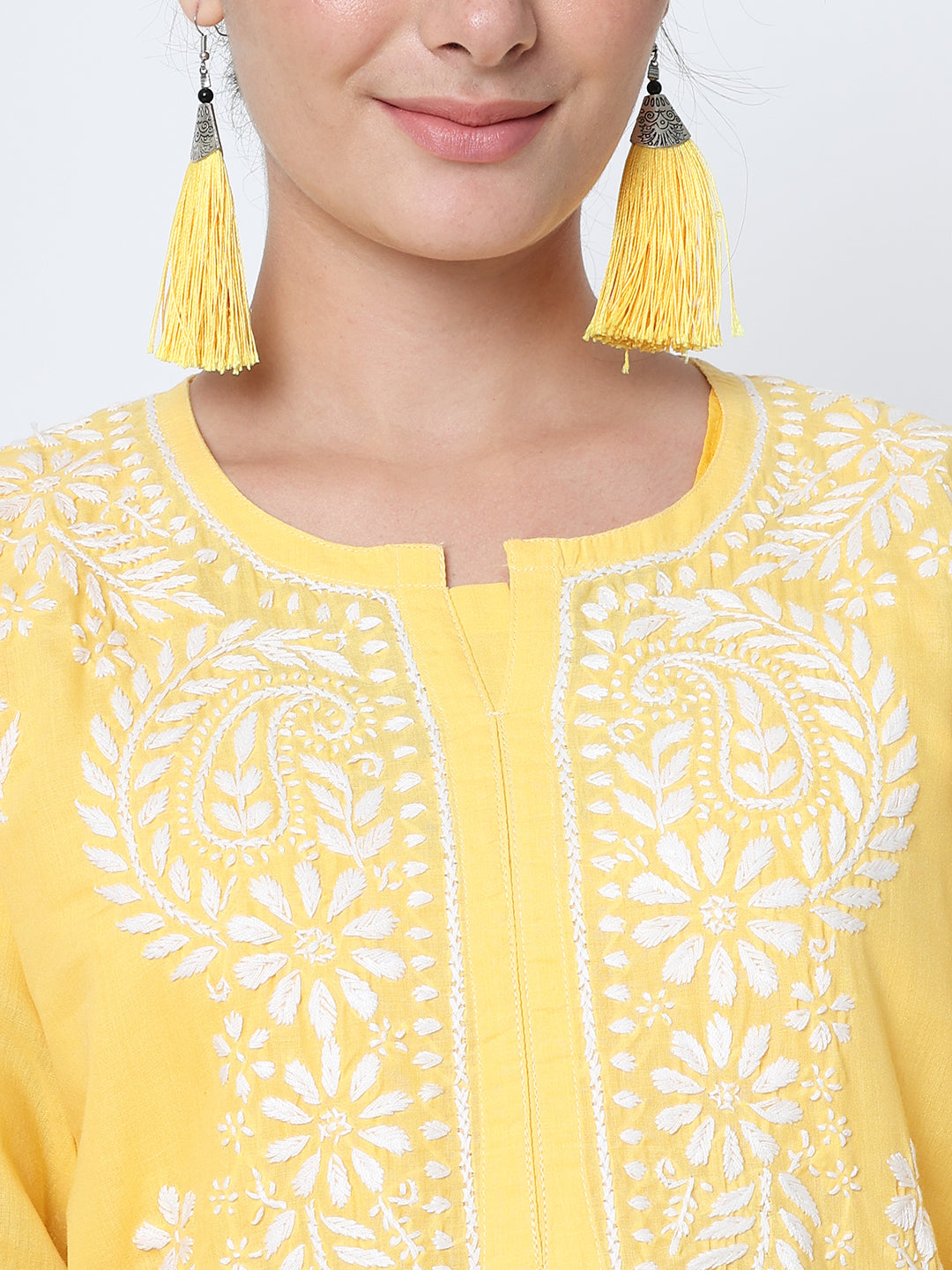Hand Embroidered  Chikankari Cotton Straight Kurta- AL3561 Yellow