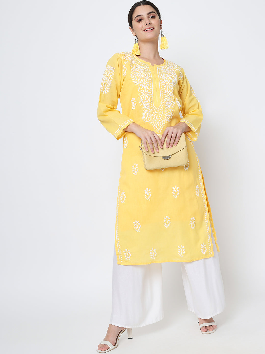 Hand Embroidered  Chikankari Cotton Straight Kurta- AL3561 Yellow