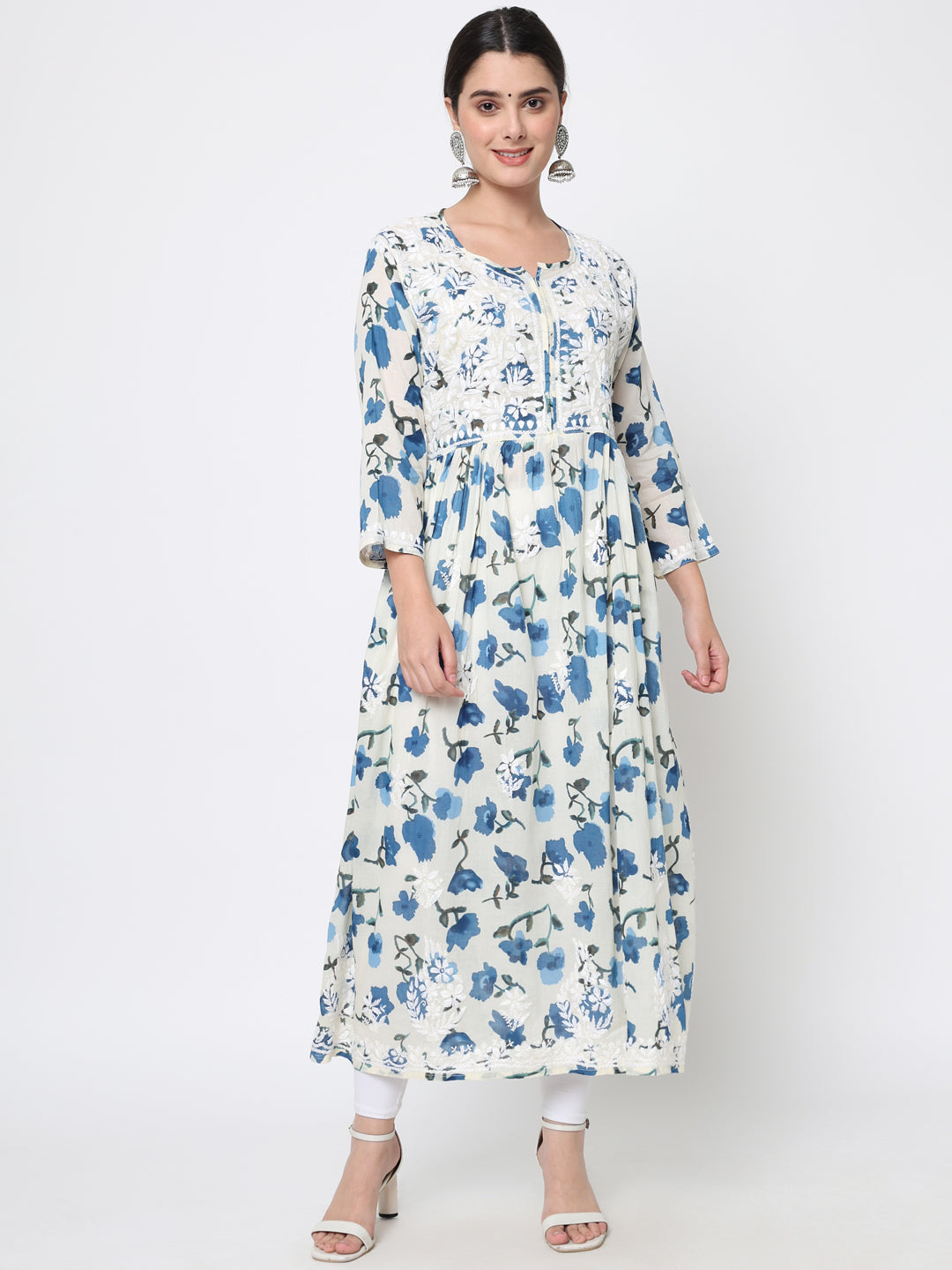 Women Hand Embroidered Chikankari Cotton Kurta-AL3580 Navy