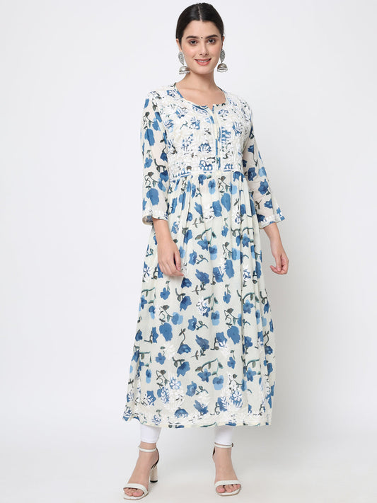 Women Hand Embroidered Chikankari Cotton Kurta-AL3580 Navy