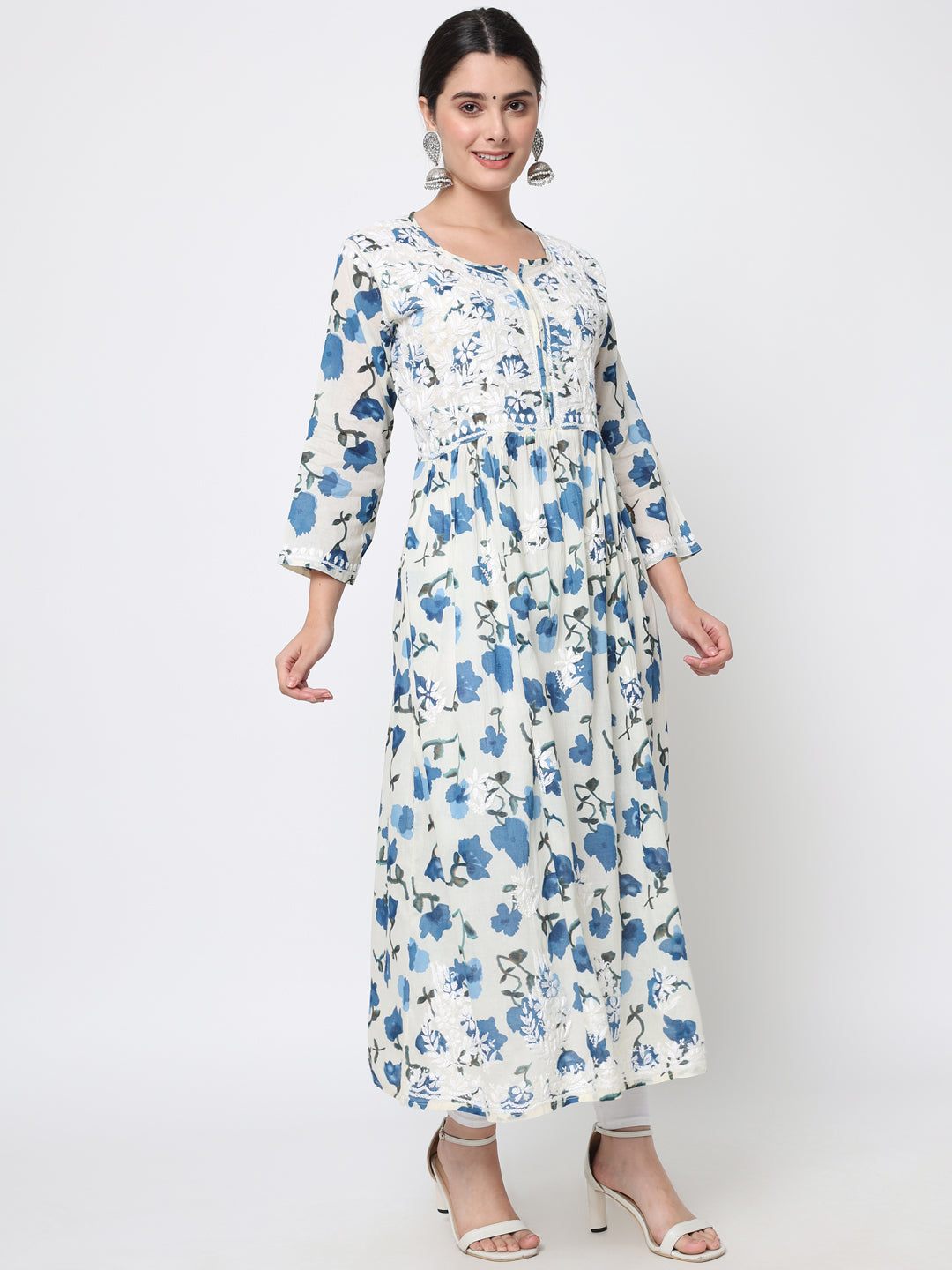 Women Hand Embroidered Chikankari Cotton Kurta-AL3580 Navy