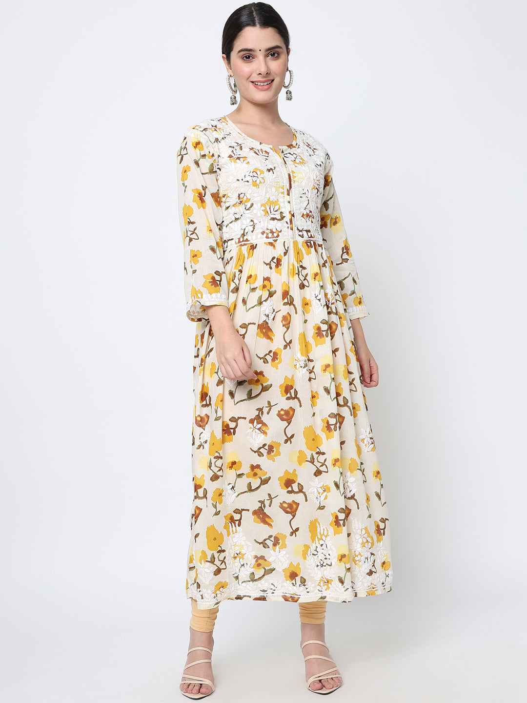 Women Hand Embroidered Chikankari Cotton Kurta-AL3580 Yellow