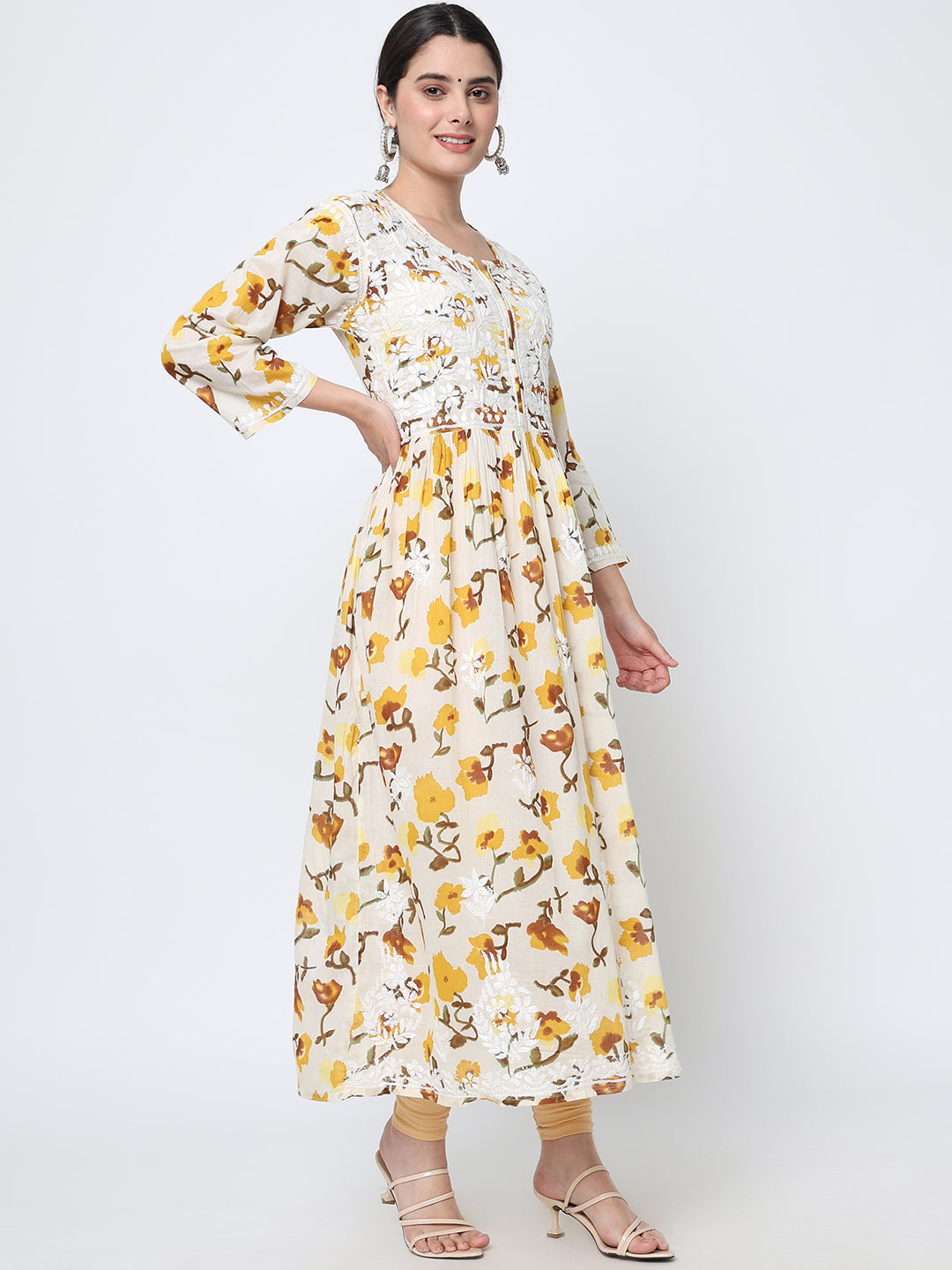 Women Hand Embroidered Chikankari Cotton Kurta-AL3580 Yellow