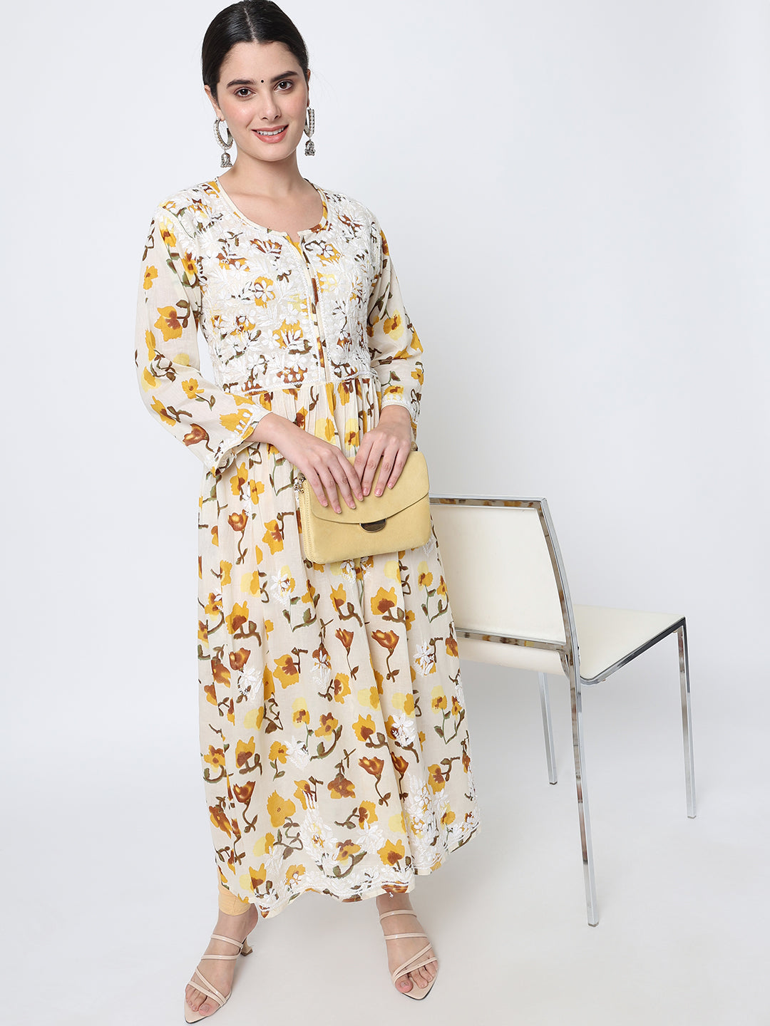 Women Hand Embroidered Chikankari Cotton Kurta-AL3580 Yellow