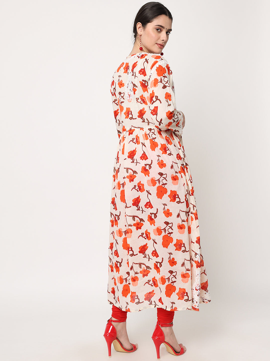 Women Hand Embroidered Chikankari Cotton Kurta-AL3580 Orange