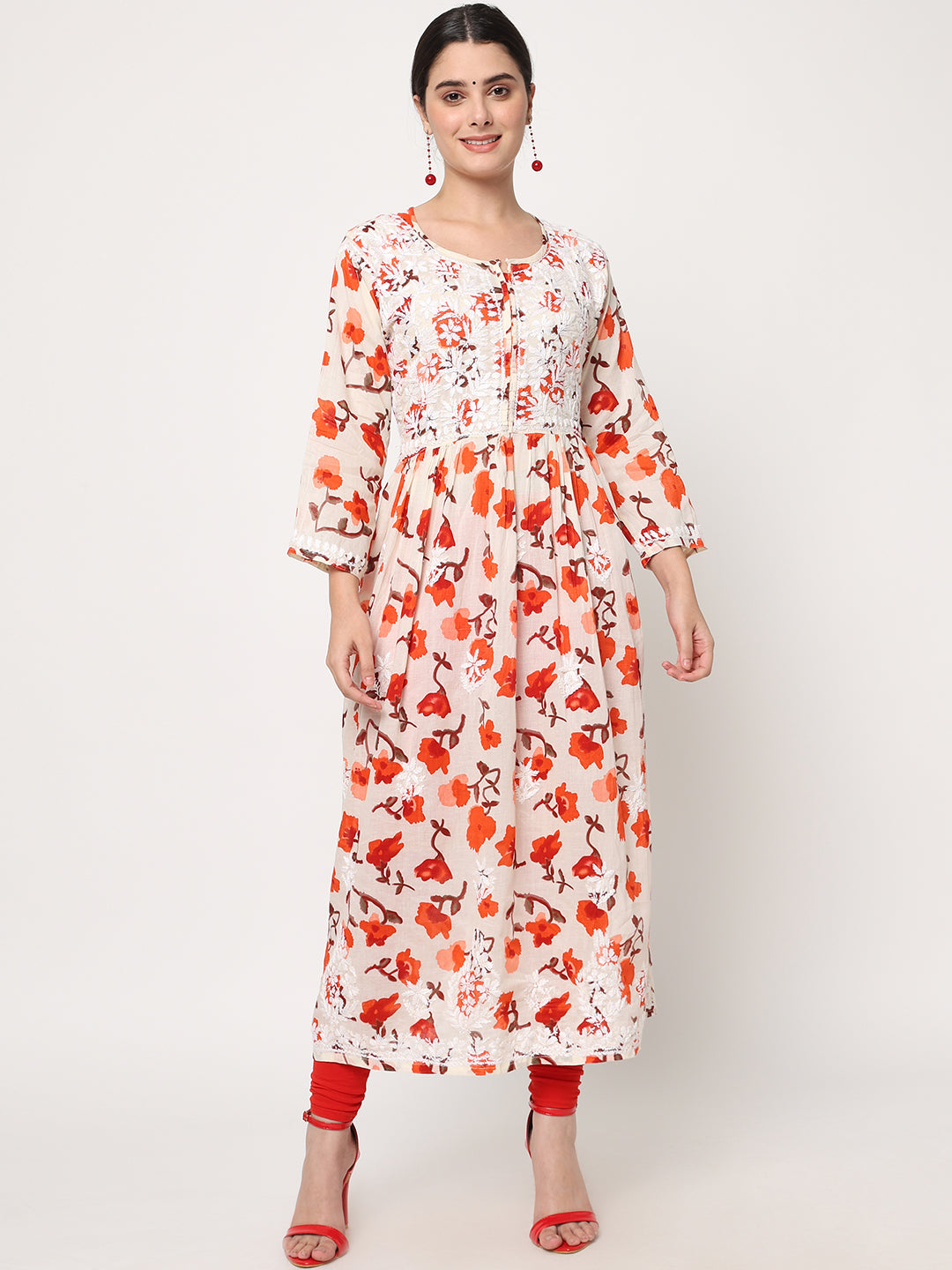 Women Hand Embroidered Chikankari Cotton Kurta-AL3580 Orange