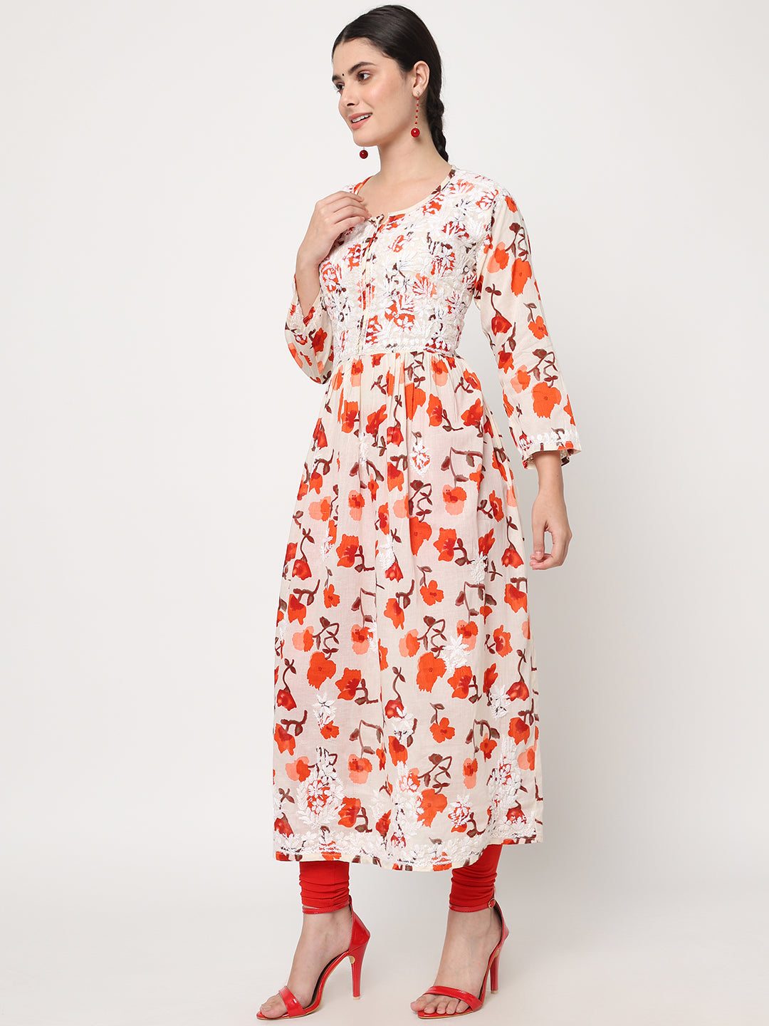 Women Hand Embroidered Chikankari Cotton Kurta-AL3580 Orange